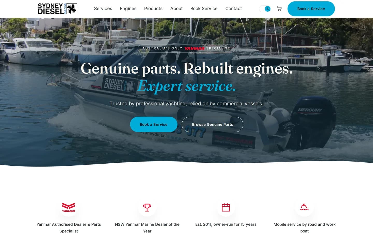 The Sydney Diesel Marine website homepage, showing the Yanmar specialist positioning and navigation to the store and service pages